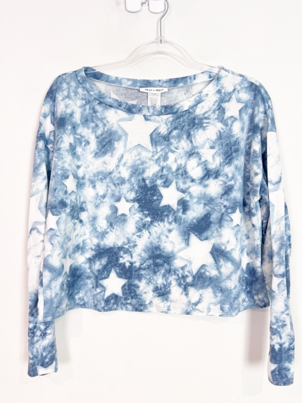 MILEY & MOLLY BLUE WHITE TIE DYE LONG SLEEVE SUPER SOFT SHIRT STAR PATTERN SMALL